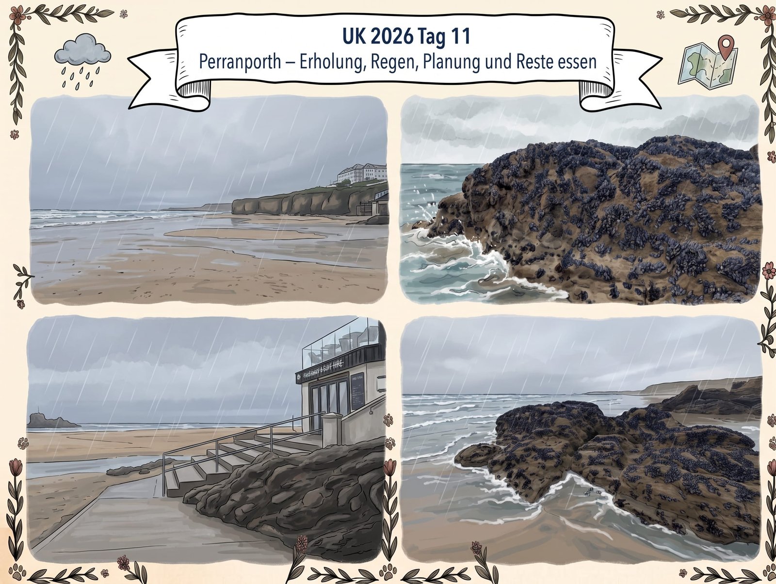 UK 2026 Tag 13 Perranporth – Erholung, Regen, Planung und Reste essen